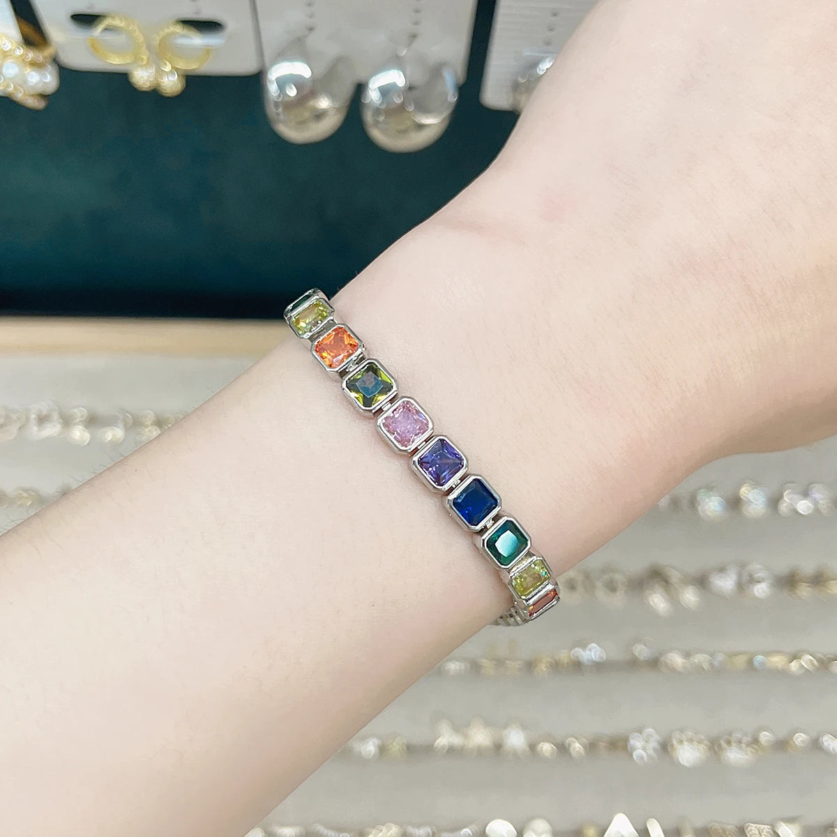 MHS.SUN 2024 New Luxury Rainbow Crystal Tennis Bracelet For Women Colorful Zirconia Femme Bridal Wedding Jewelry Christmas Gift
