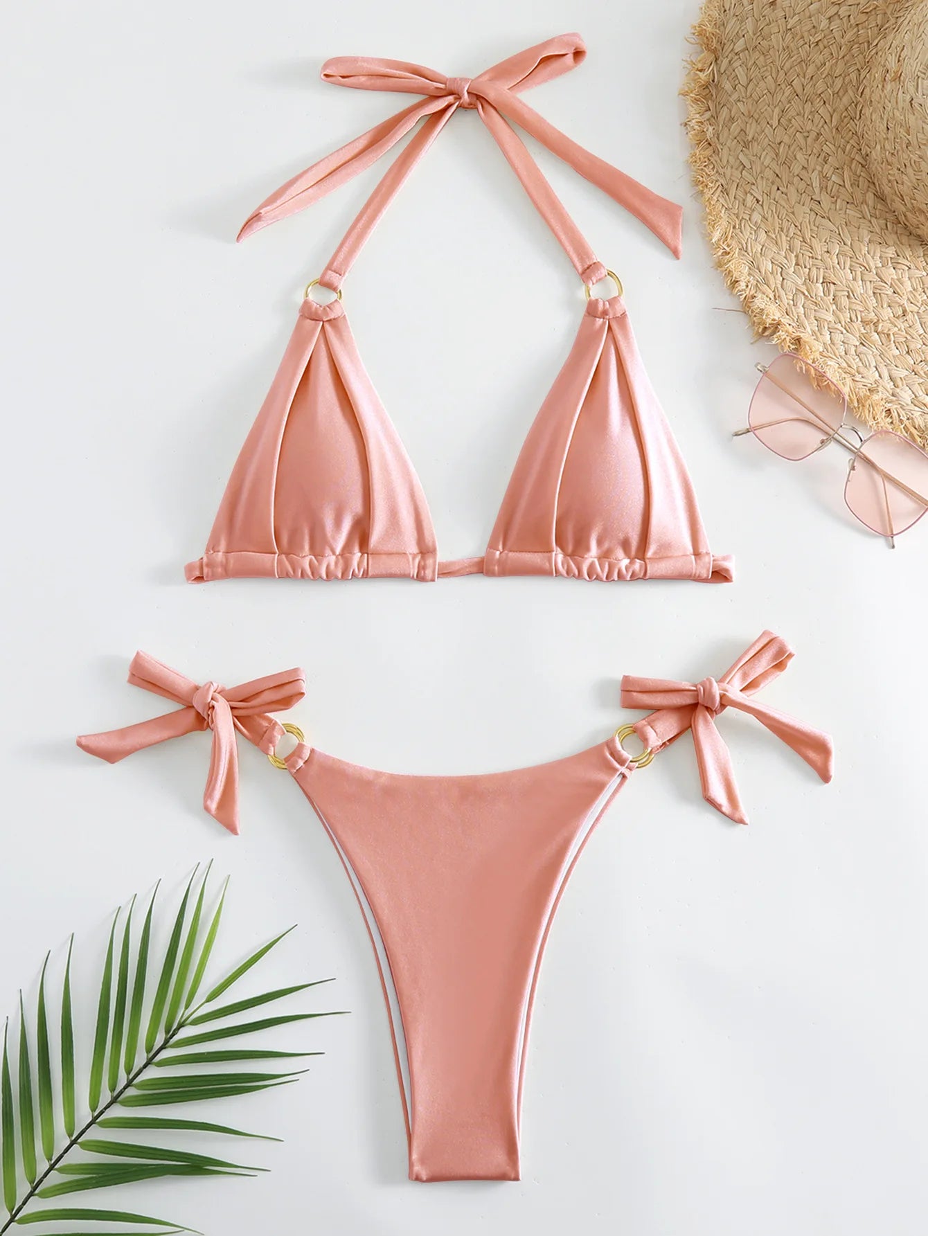 Micro Bikini Sexy Women Swimsuit 2024 Solid Beige Halter Ring Linked Push Up Mini Bikinis Summer Bathing Suit Thong Swimwear