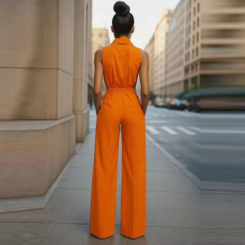 Temperament Tie-Up Solid Color Party Jumpsuit Elegant Sleeveless Pocket Straight Playsuit Fashion Lapel Button Waist Long Romper