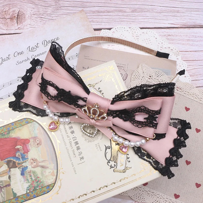 Japanese Luxury Lolita Hairband Headdress Handmade Big Bow Lace Crown Rhinestone Beaded Hair Accessories Hair Hoop for Women
