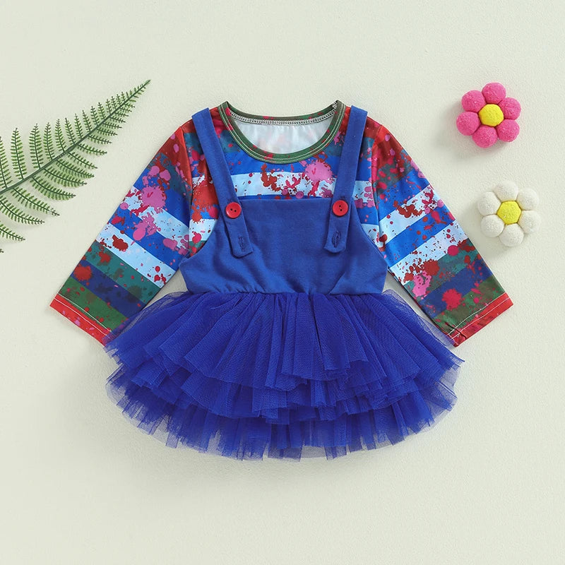 FOCUSNORM 1-5Y Lovely Little Girls Halloween Clothes Sets Bloody Stripe Print Long Sleeve Tops and Lace Tulle Suspender Skirt