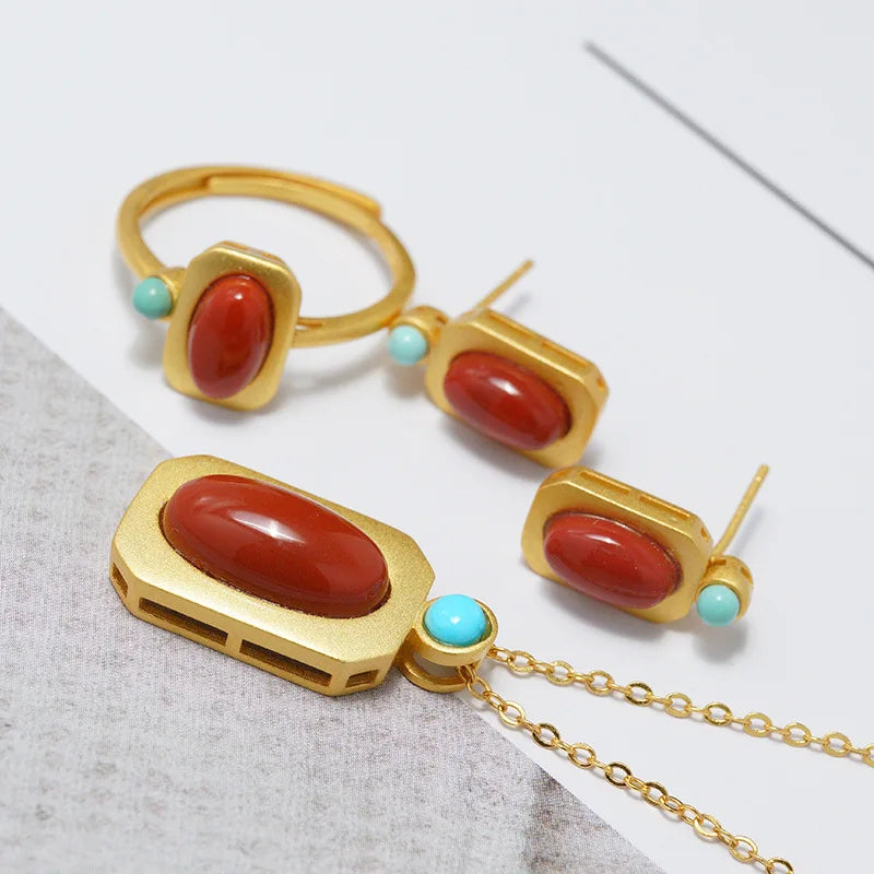 Exquisite artistic style Southern red tourmaline square rings for women inlay turquoise Simple charm jewelry adjustable