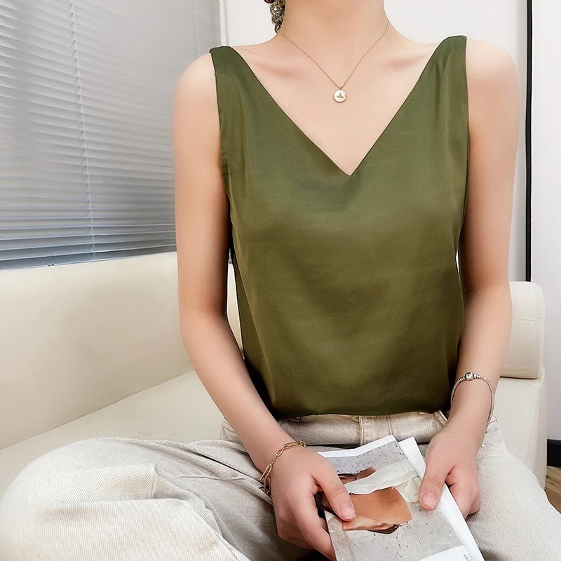 Women's New Four Seasons Inner Wear Silk Suspenders 2022 V-Neck Solid All-Match Satin Vest Soft Loose Thin Lady Sleeveless Tops