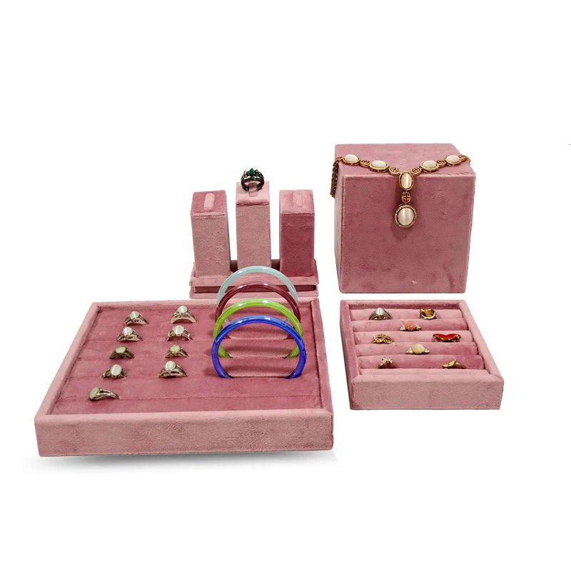 High End Pink Velvet Jewelry Display Props Ring Earrings Holder Necklace Bracelet Tray Organizer Jewelry Store Window Display