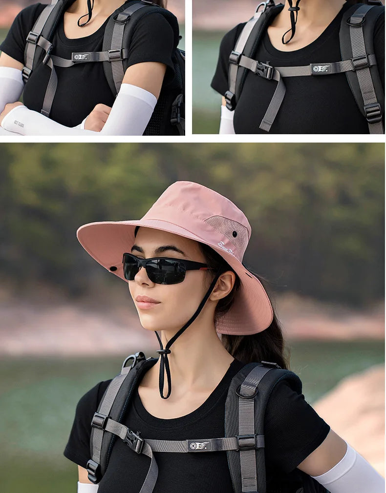 Women Summer Adjustable Bucket Hat with a Ponytail Hole Girls Sun Protection Hiking Cap Parent-child Outdoor Wide Brim Headgear