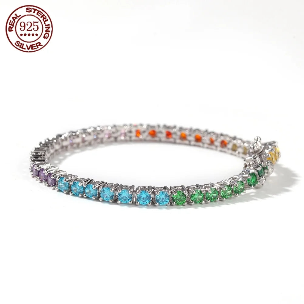 Pure Silver Rainbow Tennis Bracelet Pave 3.5MM Bling Rainbow Zircon 18K Gold Plated Beautiful Real 925 Fashion Exquisite Jewelry