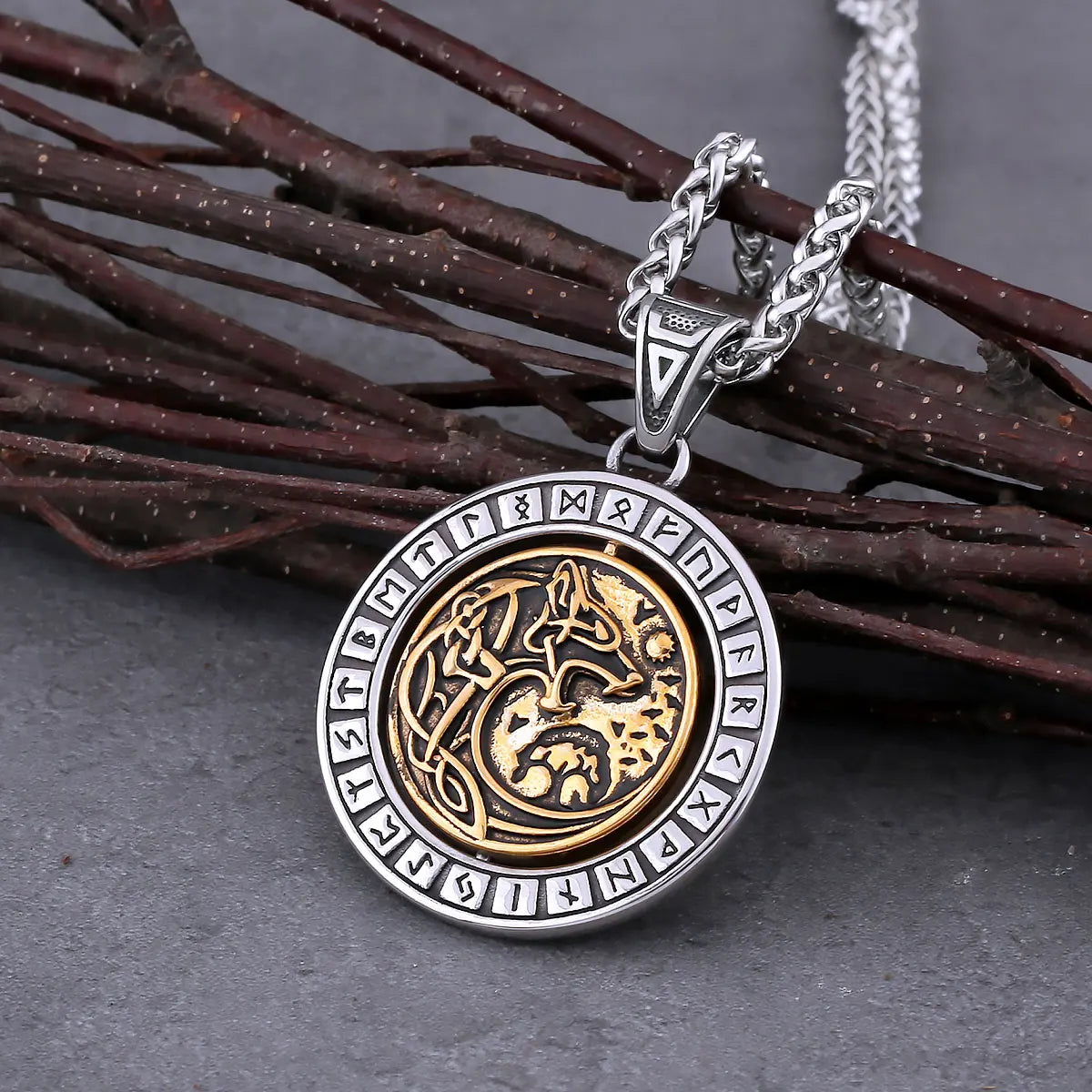 Rotate Vikings Wolf Necklace Stainless Steel Men's Tree of Life Odin Rune Amulet Pendant Necklace Vintage Charm Jewelry As Gift