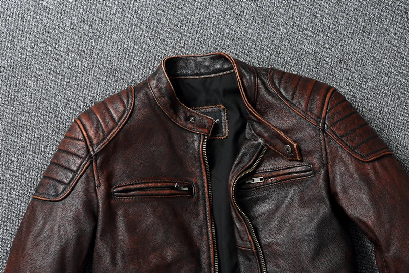 Vintage Red Brown Men Leather Jacket 100% Cowhide Jackets Slim Fit Soft Skin Coat Autumn Jaqueta Masculina De Couro