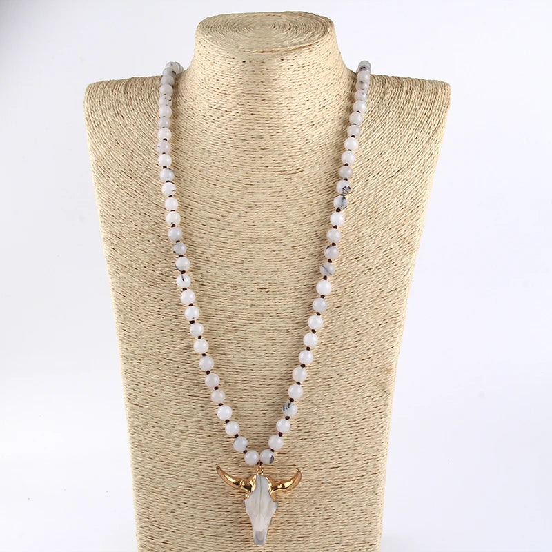 Fashion Bohemian Jewelry Sem Stone Knotted Horn Pendant Necklace For Women Boho Ethnic Necklace Gift