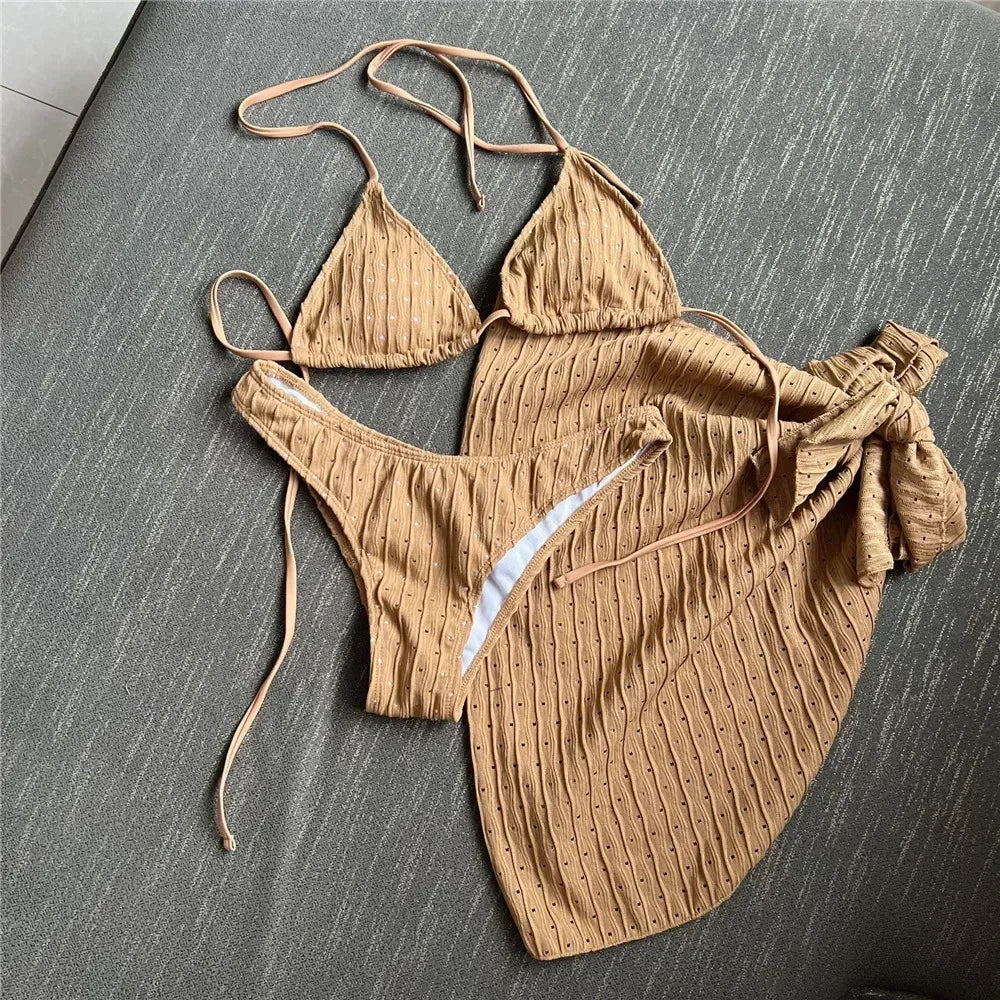 White Swimwear with Cover Up Halter Micro Thong 3 Piece Bikini Set Women Textured Swimsuit String Bathing Suit Bikinis Beachwear