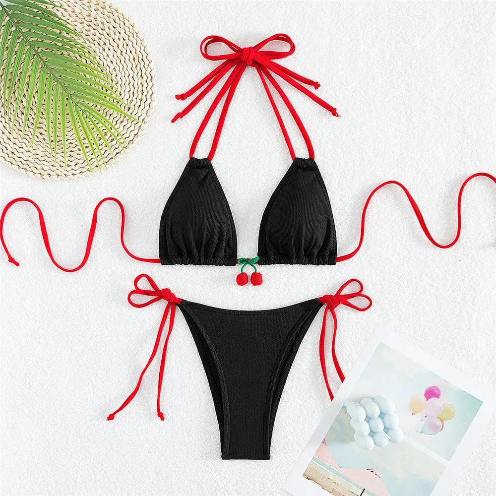 Cute Cherry Micro Bikinis Sets Mini Thong Sexy Swimsuit Women String Halter Swimwear Triangle Bikini Mujer Bathing Suit Biquinis