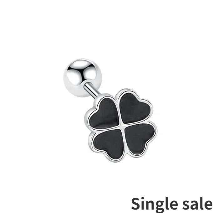 One Piece 925 Silver Cute Black Heart Clover Plant Stud Earrings for Fashion Women Fine Jewelry Minimalist Accessories