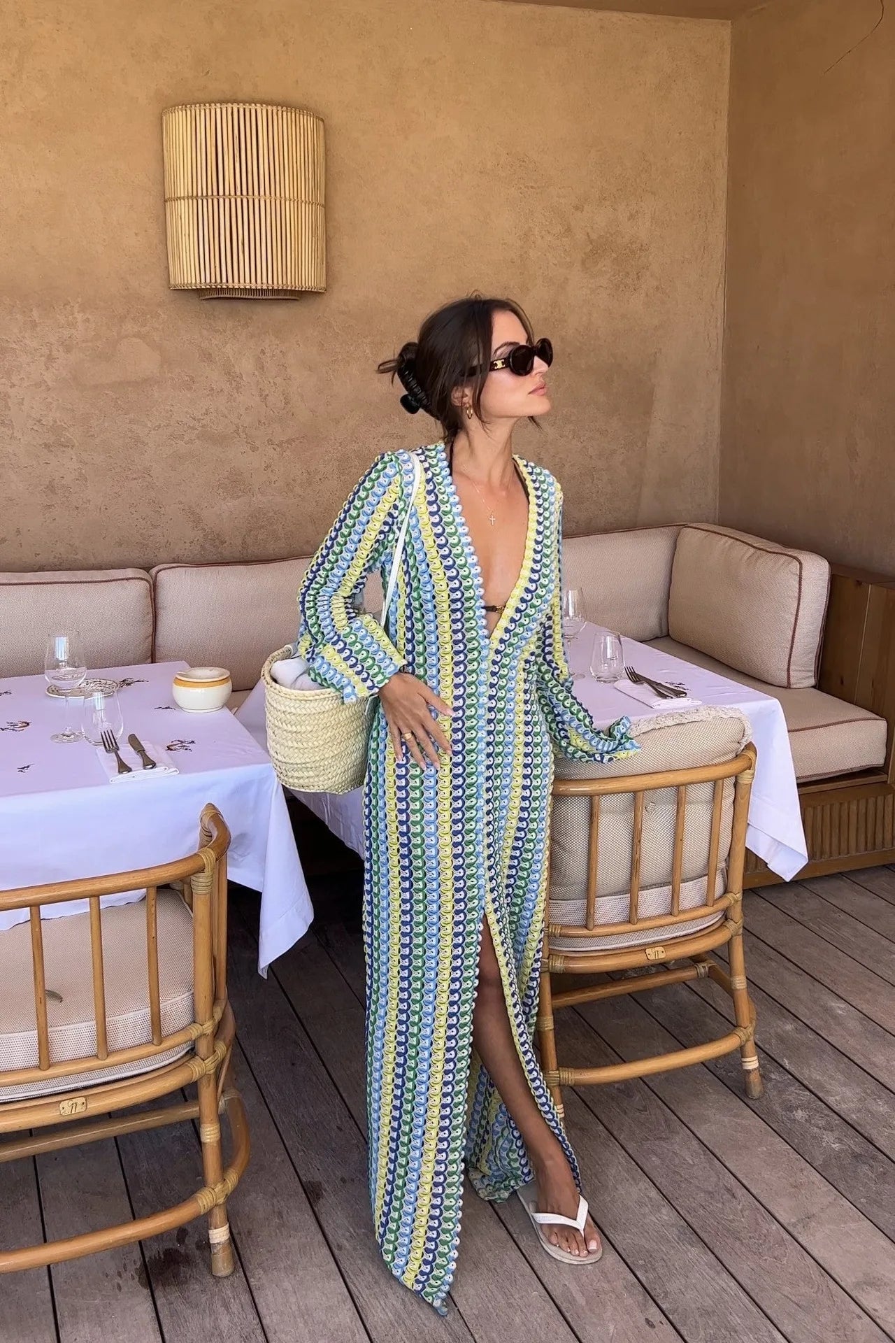 Crochet Colorful Stripe Maxi Dress Women Flare Sleeve V-neck High Split Sexy Long Dresses 2025 New Autumn Beach Banquet Vestidos