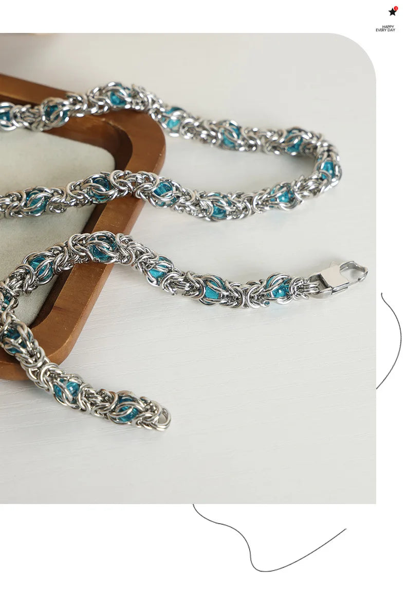 Men's Biker Punk Hip Hop Rock Jewelry Accessories Stainless Steel Byzantine Chain Braided Chain Necklace Bracelet Set