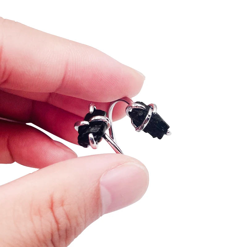 Irregular Black Tourmaline Open Ring Silver Color Handmade Raw Stone Finger Jewelry Resizable