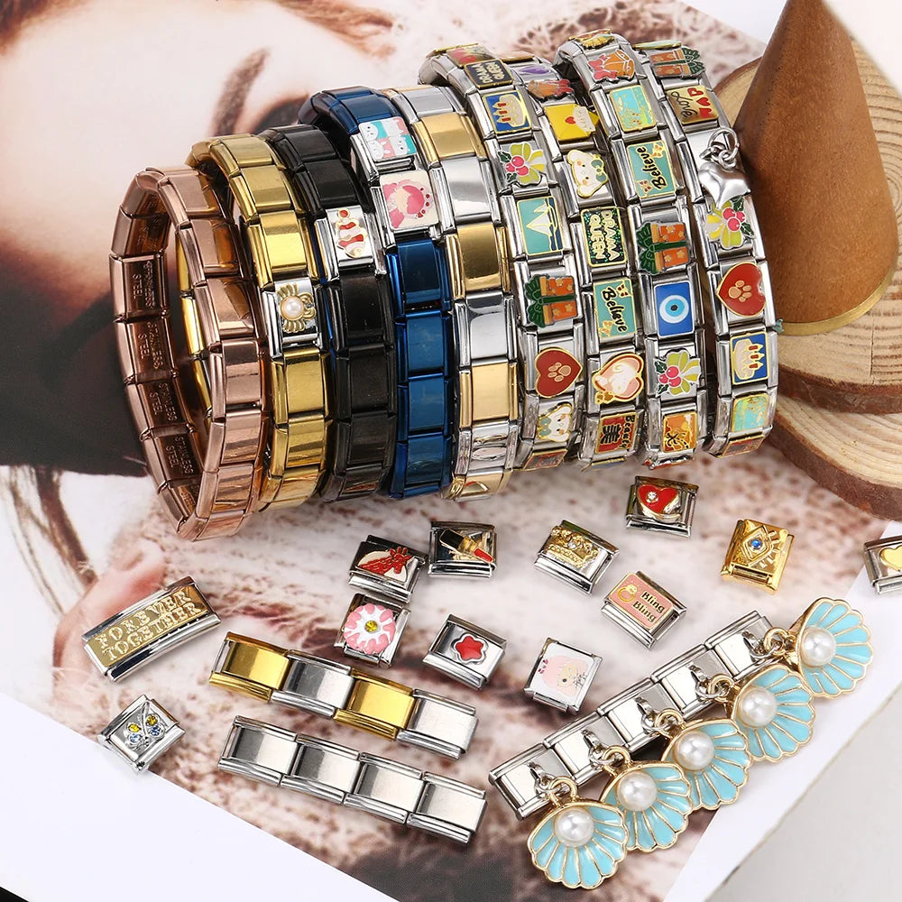 Rainbow Love Smile Italian Charm Bracelet Stainless Steel Elastic Hand Chain Link Making DIY Jewelry Gifts For Women Men Bangle