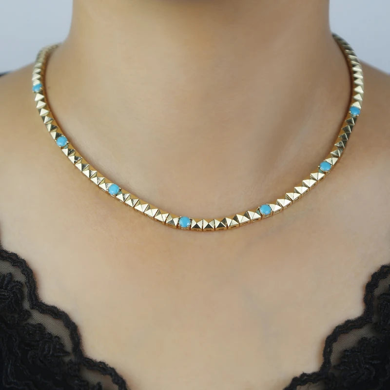High Quality Simple Geometric Women Jewelry Fashion Gold Color White CZ Blue Turquoises Beaded Chain Bracelet Necklace