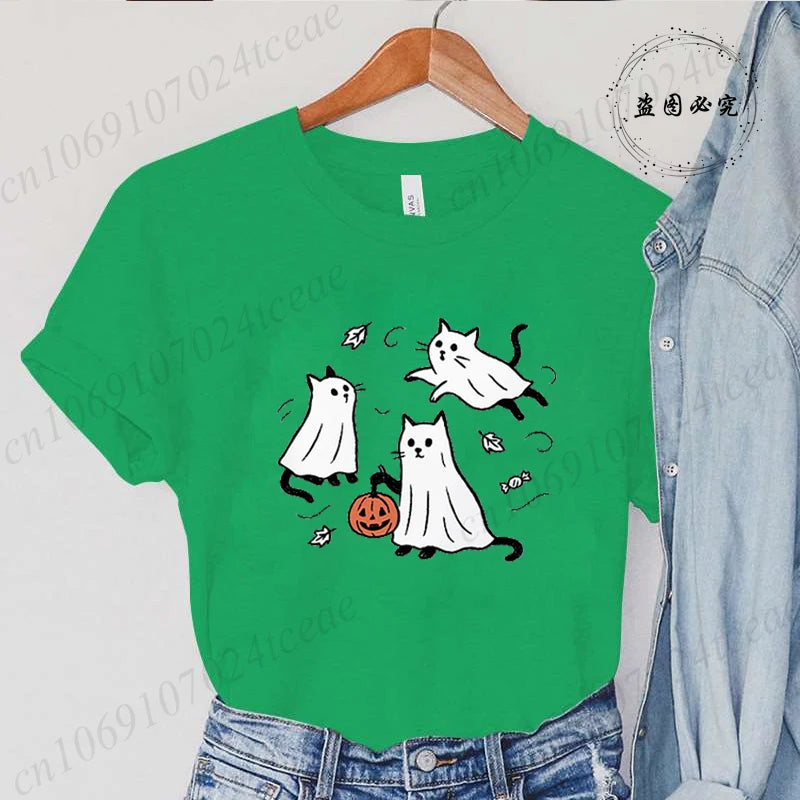 New Fashion Ghost Cat T-Shirt Tops Womens Vintage T-Shirt Funny Spooky Halloween Classic T-Shirt Tops Women's Tees Streetwear