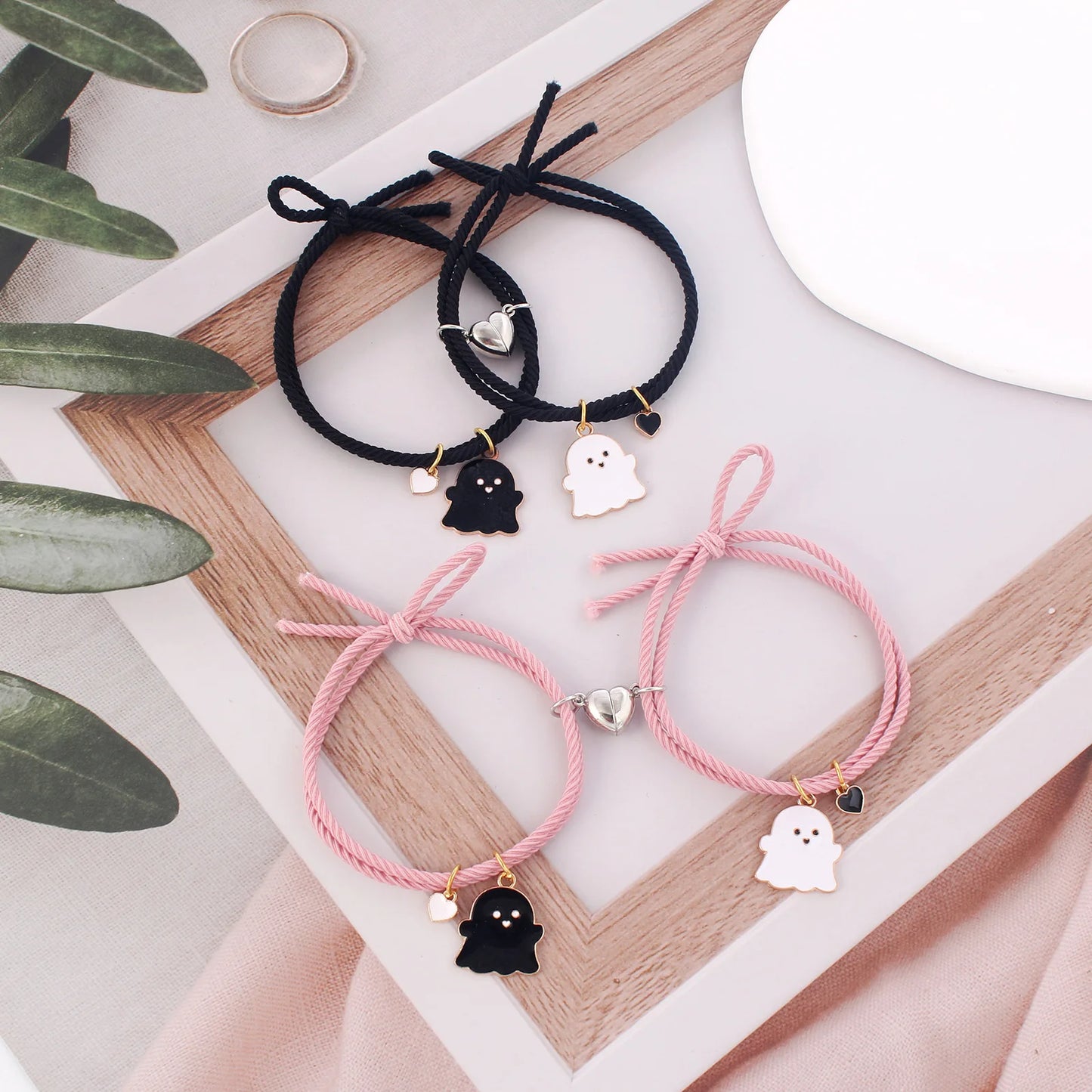 Halloween 2Pcs/Set Ghost Braided Bracelet For Lovers Long Distance Heart Magnet Couple Bracelets Friendship Fashion Jewelry Gift