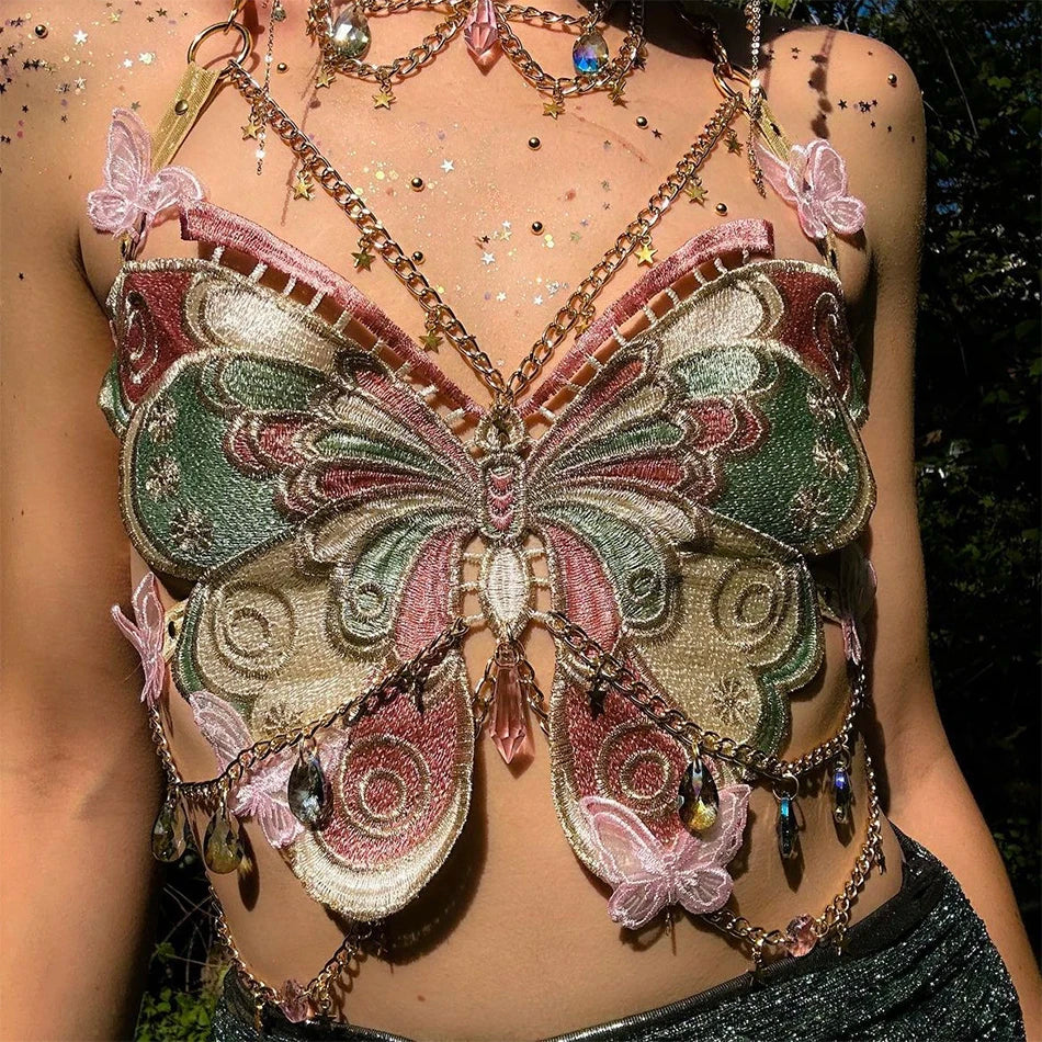 YOUR BUMP CURVE Sexy Woman Crystal Chain Butterfly Embroidery Sleeveless Backless Adjustable Ultra Short Top Music Prom