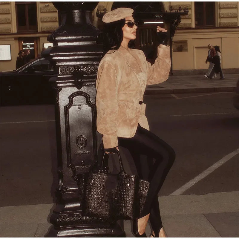 Dark Brown Suede One Button Blazer Women Long Sleeve Wide Shoulders Coat Autumn Highstreet Commute Fashion Solid Lady Outerwears