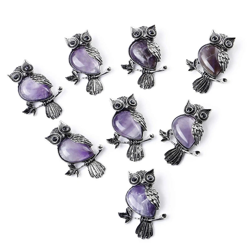Owl Necklace Healing Crystal Stones Pendant Necklaces for Women Men Natural Amethyst Rose Quartz Gemstone Jewelry