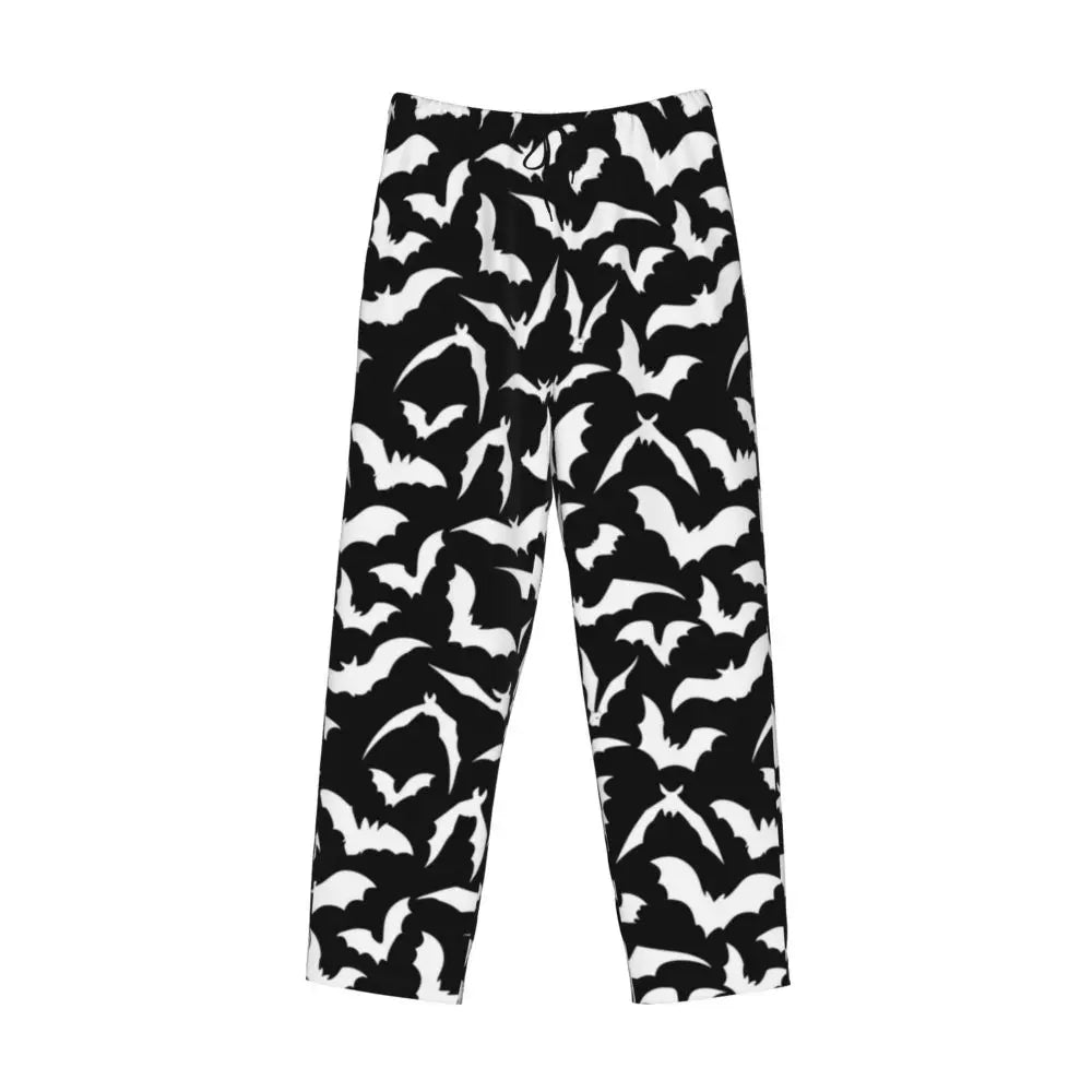 Custom Cute Spooky Halloween Bats Black And Purple Pajama Pants for Men Lounge Sleep Drawstring Sleepwear Bottoms with Pockets