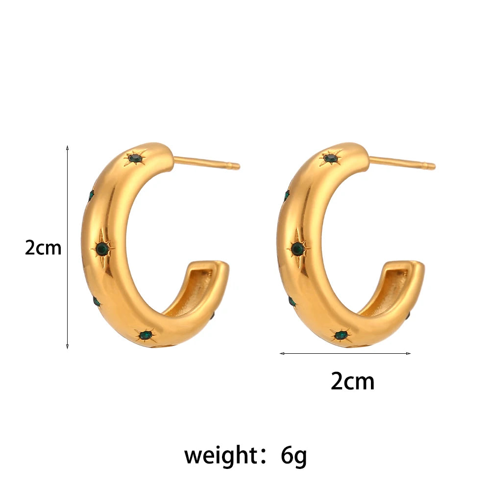 E B belle Official Store Stainless Steel Green Colorful 3A Zircon Stone Paved Hoop Earrings For Woman Golden Earring