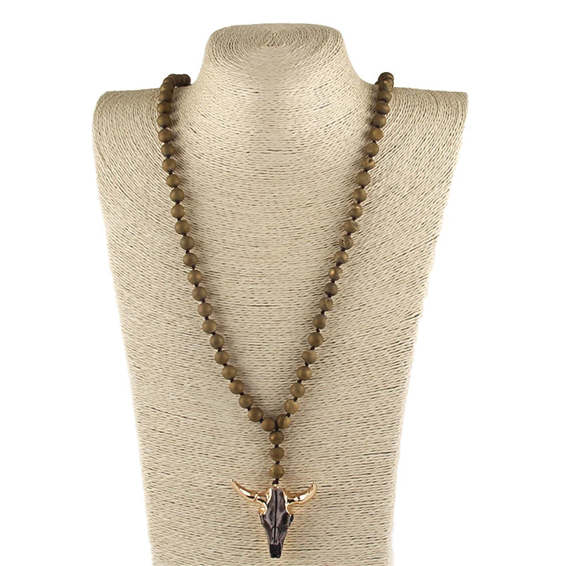 Fashion Bohemian Jewelry Natural open smile Druzy Bead Long Knotted 3 Color Horn Pendant Necklace For Women Ethnic Necklace