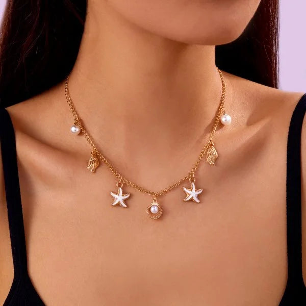 Boho Shell Turquoise Multi-layer Starfish Beaded Necklace for Women Beach Holiday Jewelry Minimalist Accessories