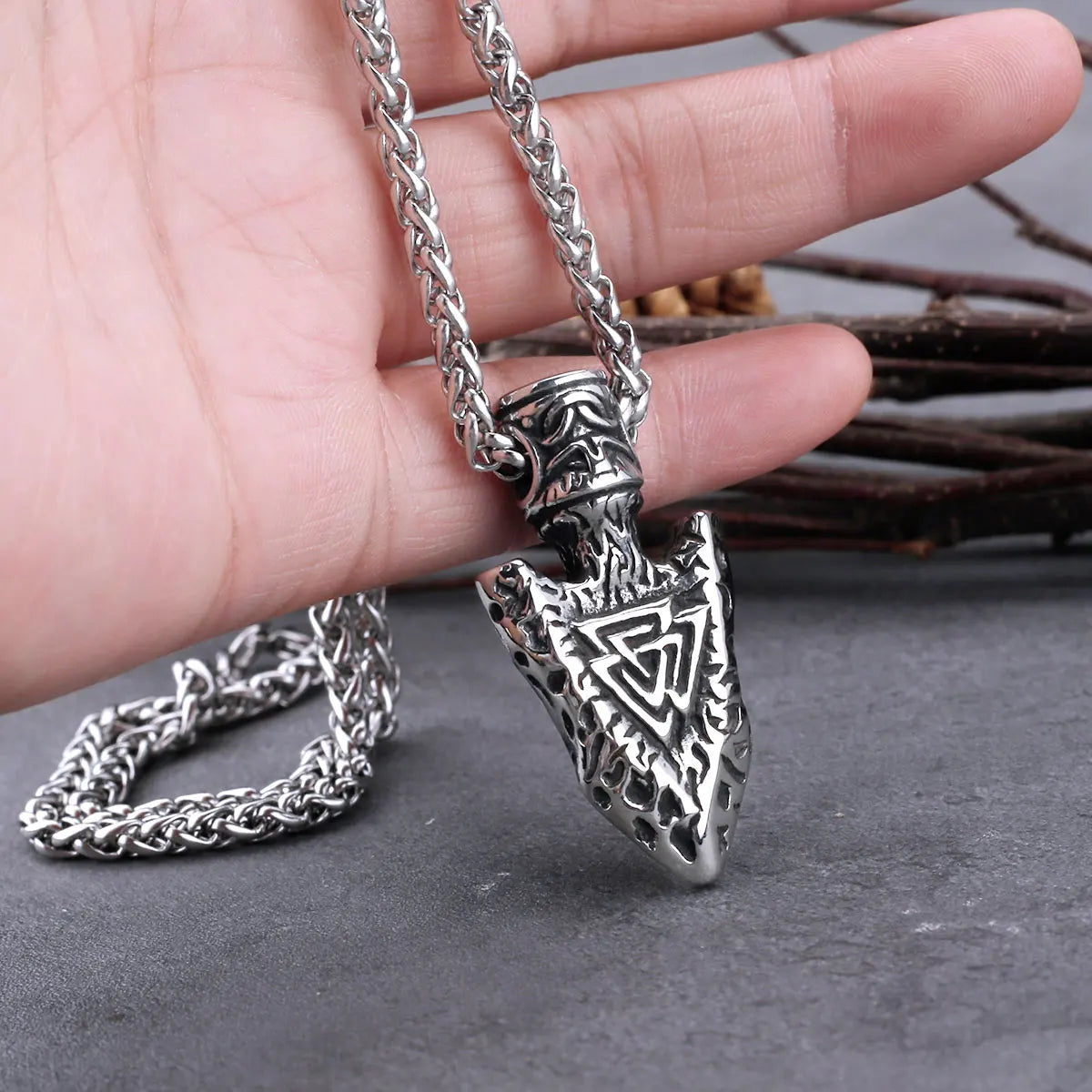 Stainless Steel Viking Spear Odin Triangle Rune Necklace Men's Nordic Hip Hop Biker Pendant Necklace Nordic Amulet Jewelry Gift