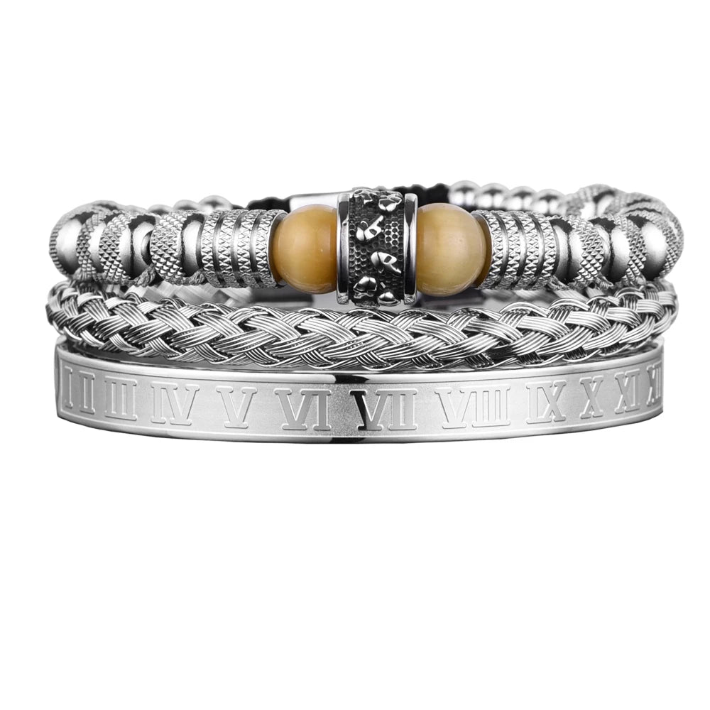 3pcs Set Men Bracelet Stainless Steel Handmade Rope Bangles Men Skull Bracelets with Tigereye Natural Stone Gift Accessories