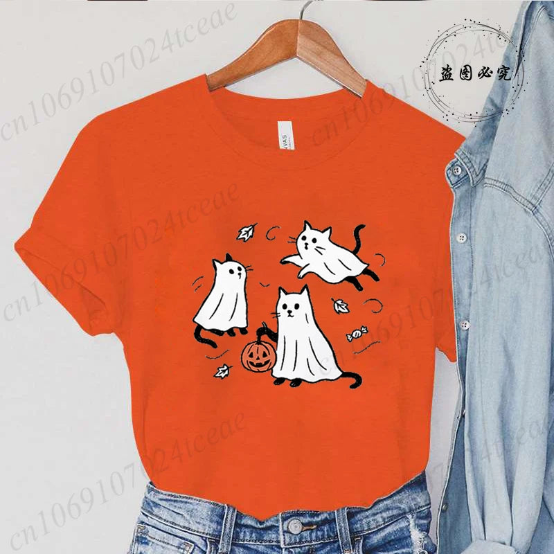 New Fashion Ghost Cat T-Shirt Tops Womens Vintage T-Shirt Funny Spooky Halloween Classic T-Shirt Tops Women's Tees Streetwear