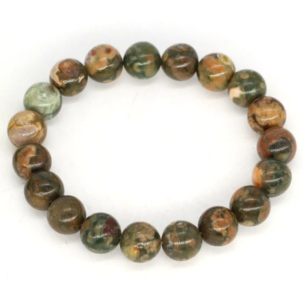 Women Men Bracelet Natural Rainforest Jasper Crystal Round Beads Wrist Chain Chakra Healing Energy Stretch Charm Strand Jewelry