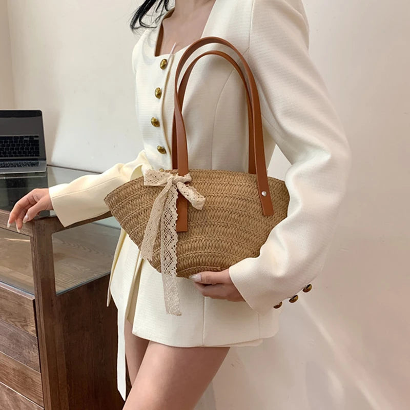 Women Braided Basket Clutches Bag Large Straw Portable Shoulder Bag Summer Beach Purses Shopper Satchel