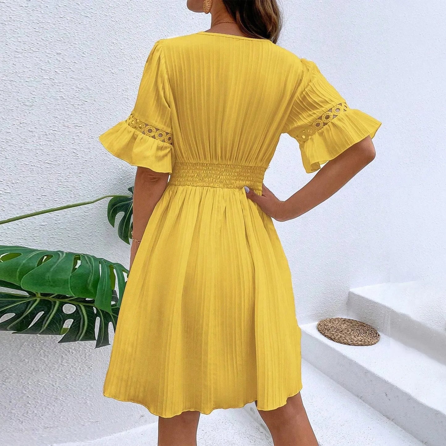 Women Sexy V Neck Flying sleeve Mini Dress Summer Hollow Embroidery Lace Patchwork Party Dress Casual Loose Beach A-Line Dress