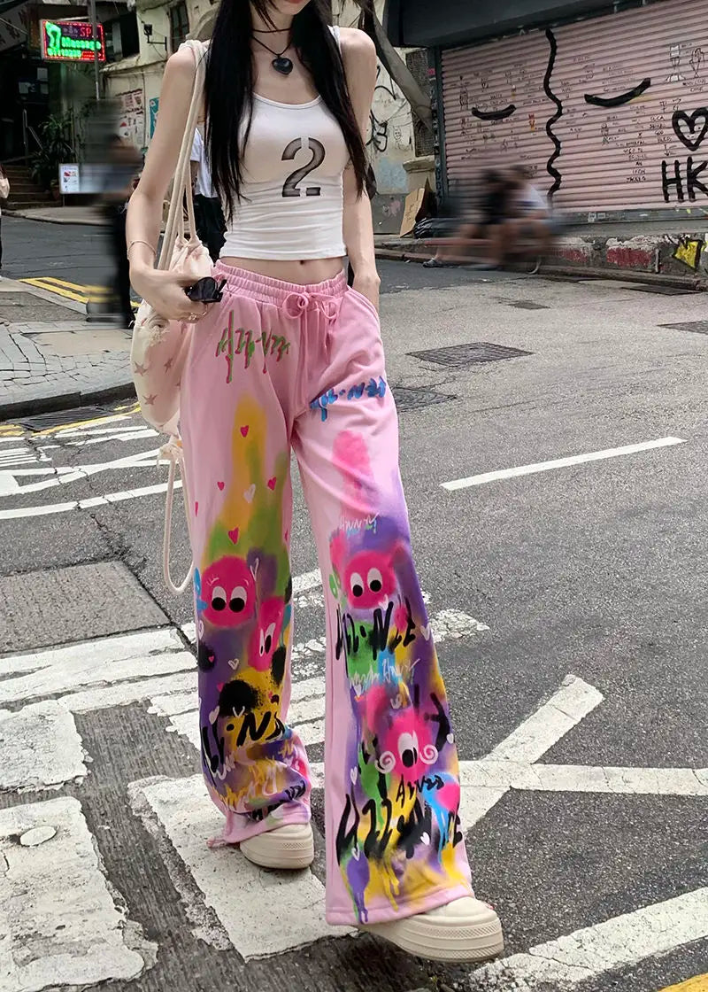 Kawaii Cute Dopamine Graffiti Casual Pants Women Tie Dye Summer Elastic High Waiste Drawstring Pockets Loose Wide Leg Trousers