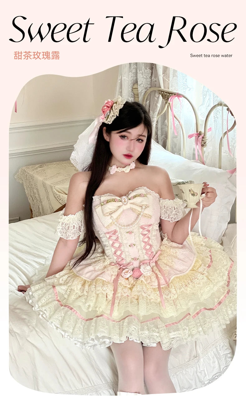 Original Romantic Atmosphere Cute Girls Skirt Sets 2025 Spring and Summer Sweet Lolita Tube Top Slim Top and Skirt 2-piece Set