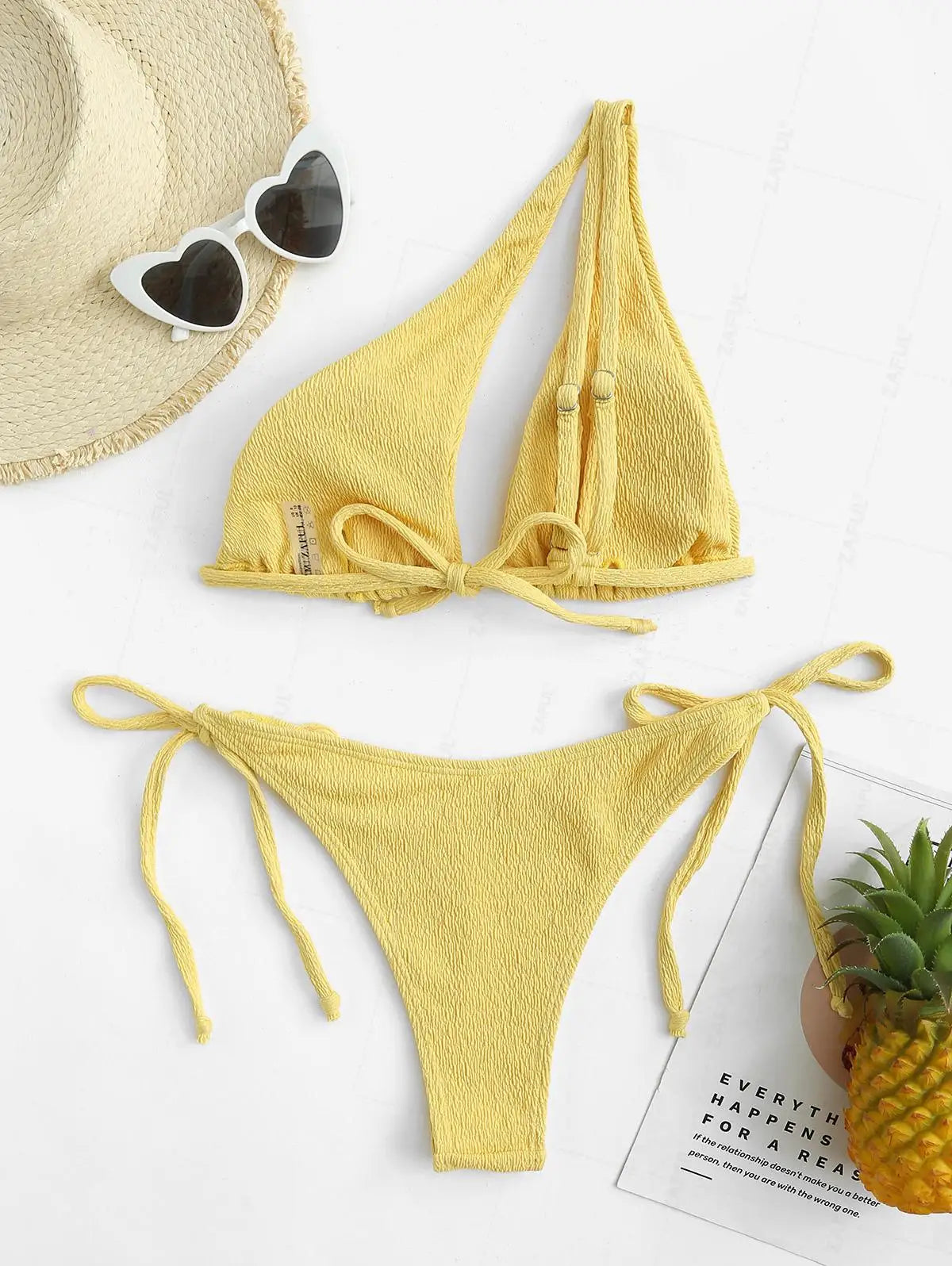 ZAFUL Bikini Set Textured One Shoulder O-ring Swimwear Women Beachwear Bathingsuit Removable Pads Wire Free Bather Swimingsuit