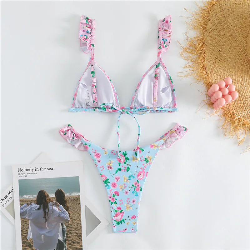 Sexy Floral Bikinis 2024 Woman Swimsuit Female Swimwear Brazilian Halter Micro Thong Bikinis Set Women Bathing Suits Beach Wear