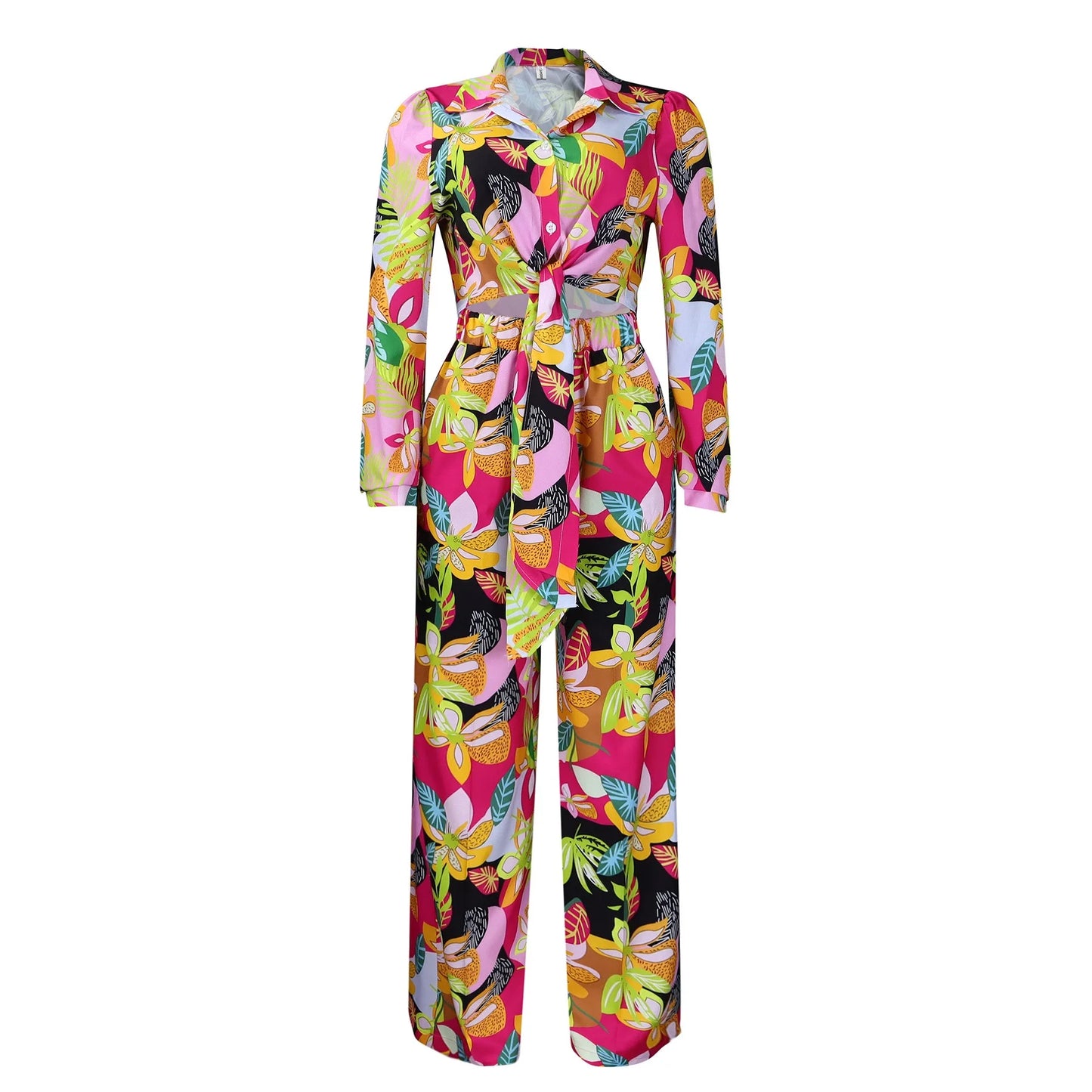 Women 2 Pieces Printed Pants Sets Blouse & Wide Leg Pants Floor Length Fashion High Street Wear Female Two Pieces Matching Sets