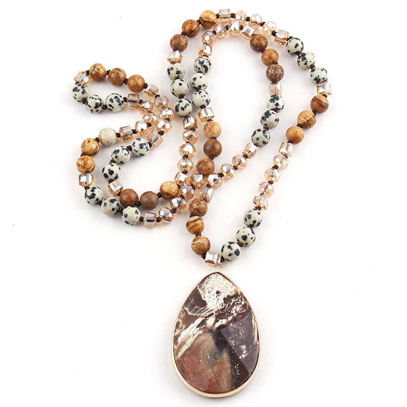RH Fashion Beaded Necklace 8mm Natural Stone Glass Beads Knotted Pendant Necklaces For Women Bohemian Jewelry Dropship