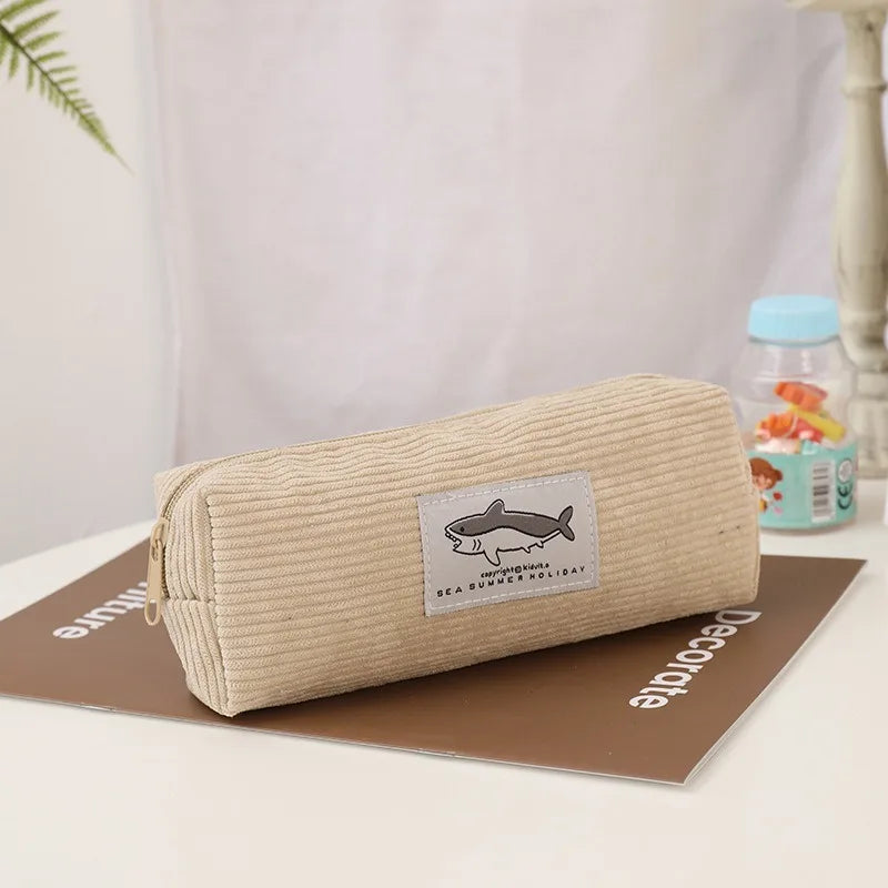 Cute Shark Pencil Case Unisex Korean Style Dirty Corduroy Resistant Storage Bag for Girls School Student Supplies Stationery