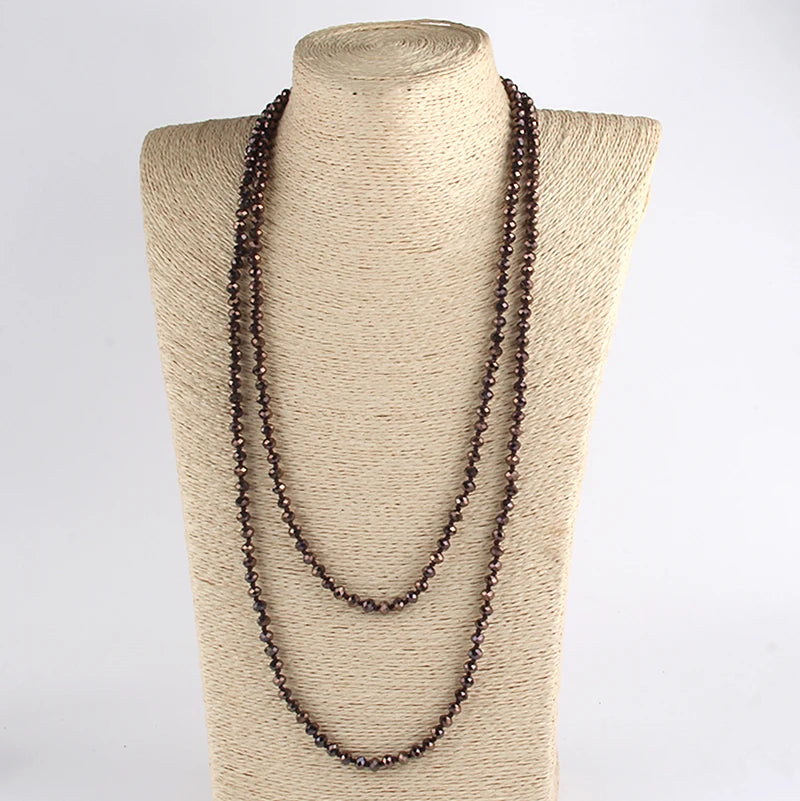Fashion Bohemian Tribal Jewelry 6mm Crystal Long knotted Glass Crystal Necklace