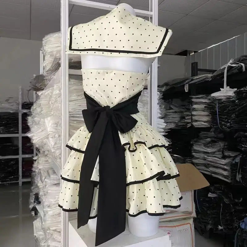 Japanese Gothic Y2k Lolita Dress Wome Preppy Style Polka Dot Print Sailor Collar Backless Dresses Girls Elegant Party Mini Dress