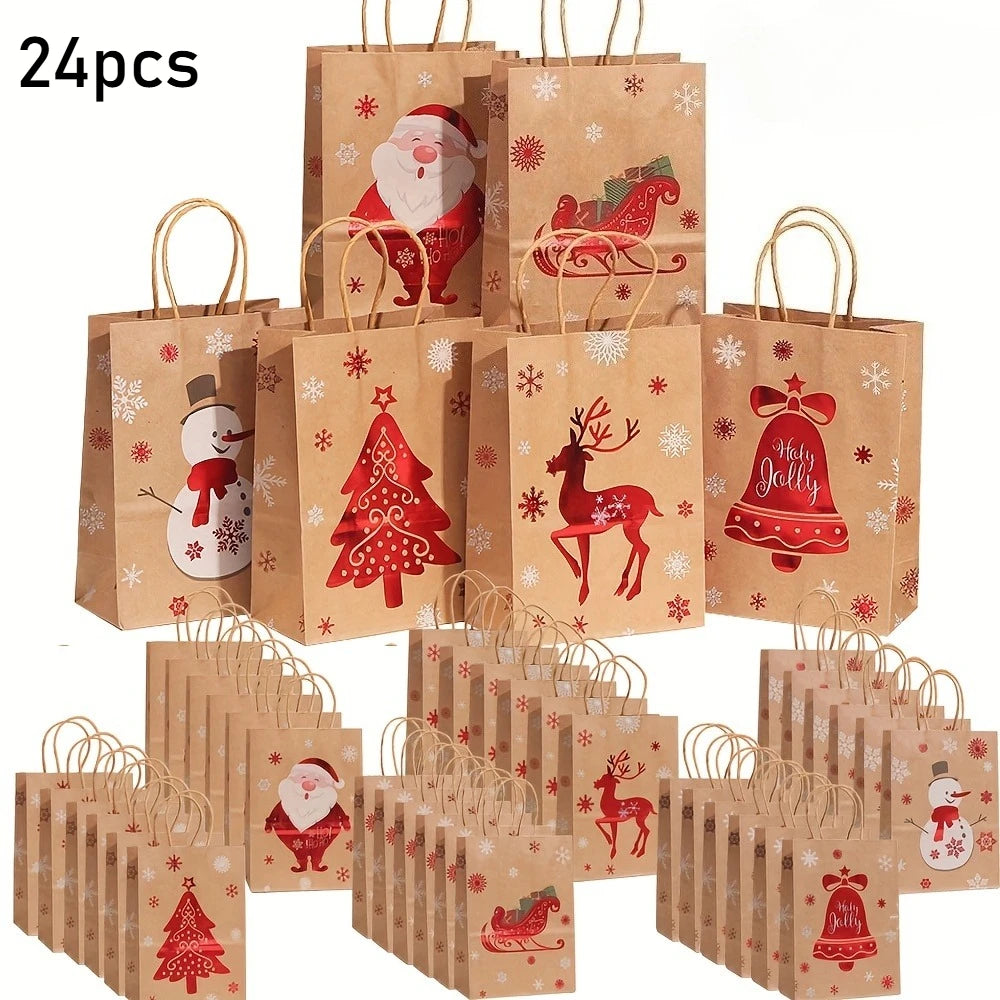 Festive Christmas Gift Bags - 20.5cm x 14.99cm x 7.98cm Brown Kraft Paper Tote Bags with Holiday Designs Christmas paper bag