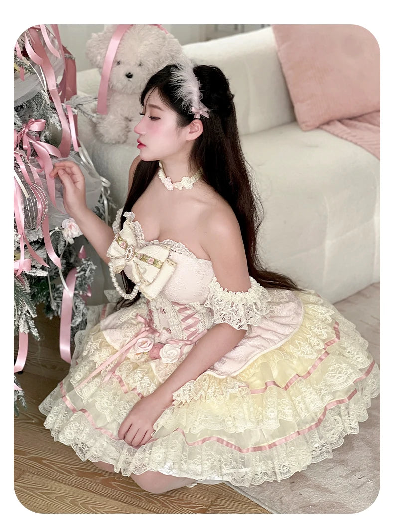 Original Romantic Atmosphere Cute Girls Skirt Sets 2025 Spring and Summer Sweet Lolita Tube Top Slim Top and Skirt 2-piece Set