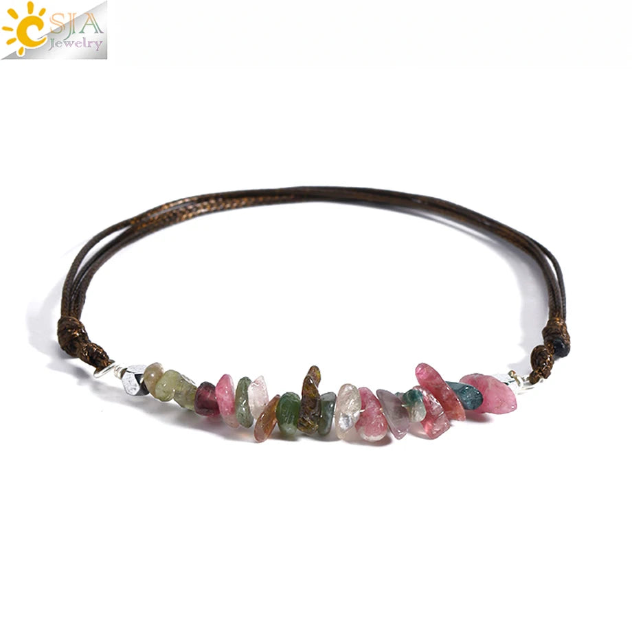 Healing Real Natural Stone Chip Bracelet 7 Chakras Pink Rock Crystal Handmade Rope Bracelet for Women Girl Small Jewelry H361