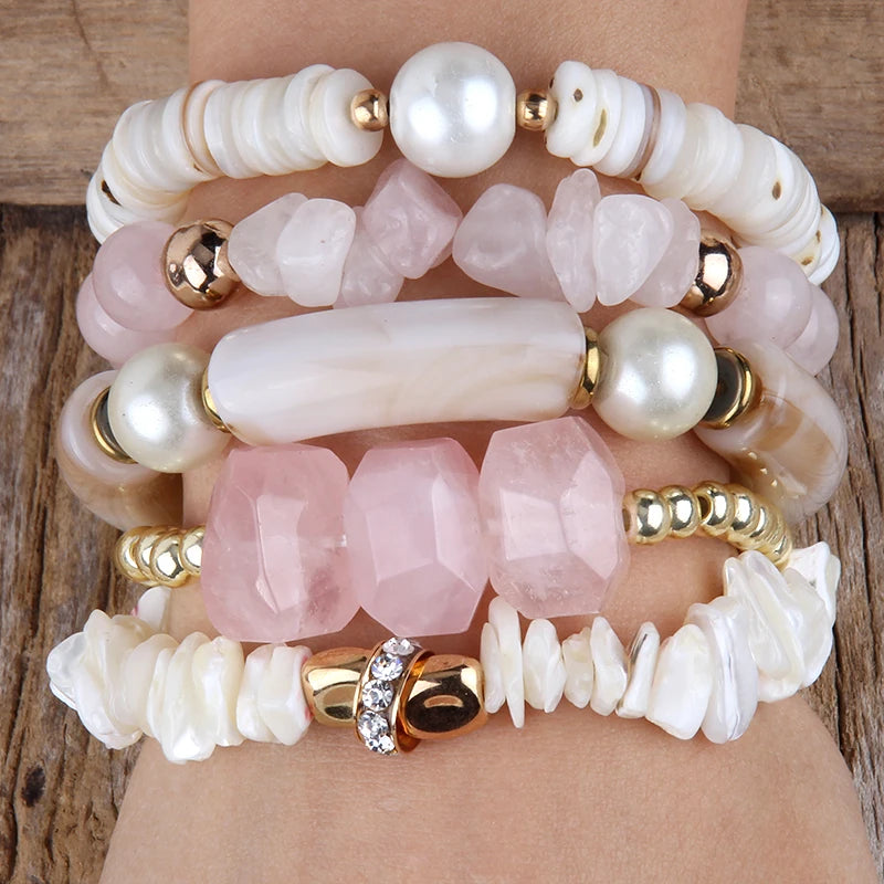 RH Fashion Bohemia Beaded Jewelry Big Acryl Pipe Wood Bracelets 5pc Stack Punk Stone Bracelets Set For Women Festival Gift