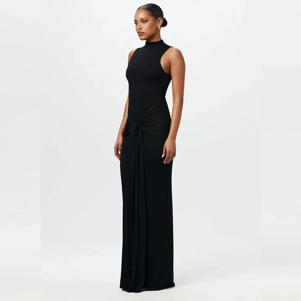 Slim Fit Wrap around Midriff Baring Sleeveless round Neck Dress for Women in Autumn And Winter Pure Color with Belt Detail
